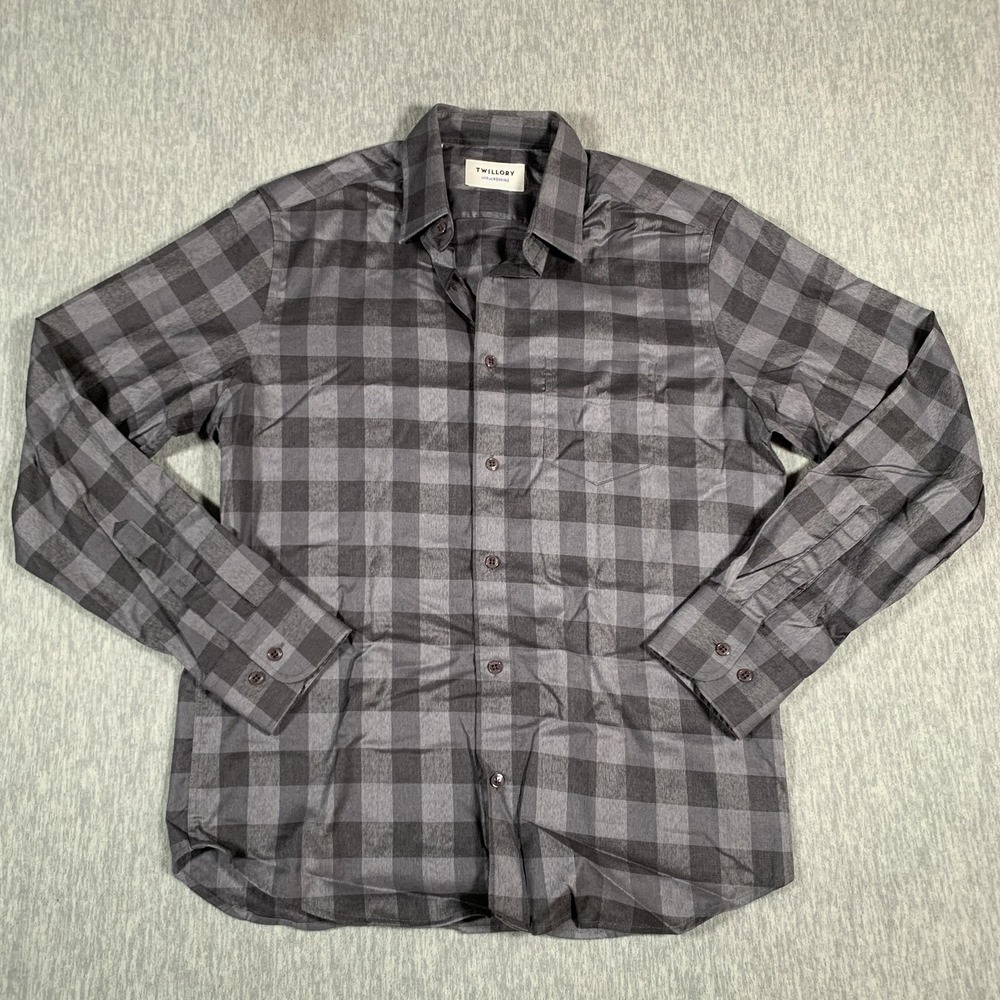 Twillory Shirt Mens Medium‎ Gray Black Check Plaid Tailored Stretch Non Iron